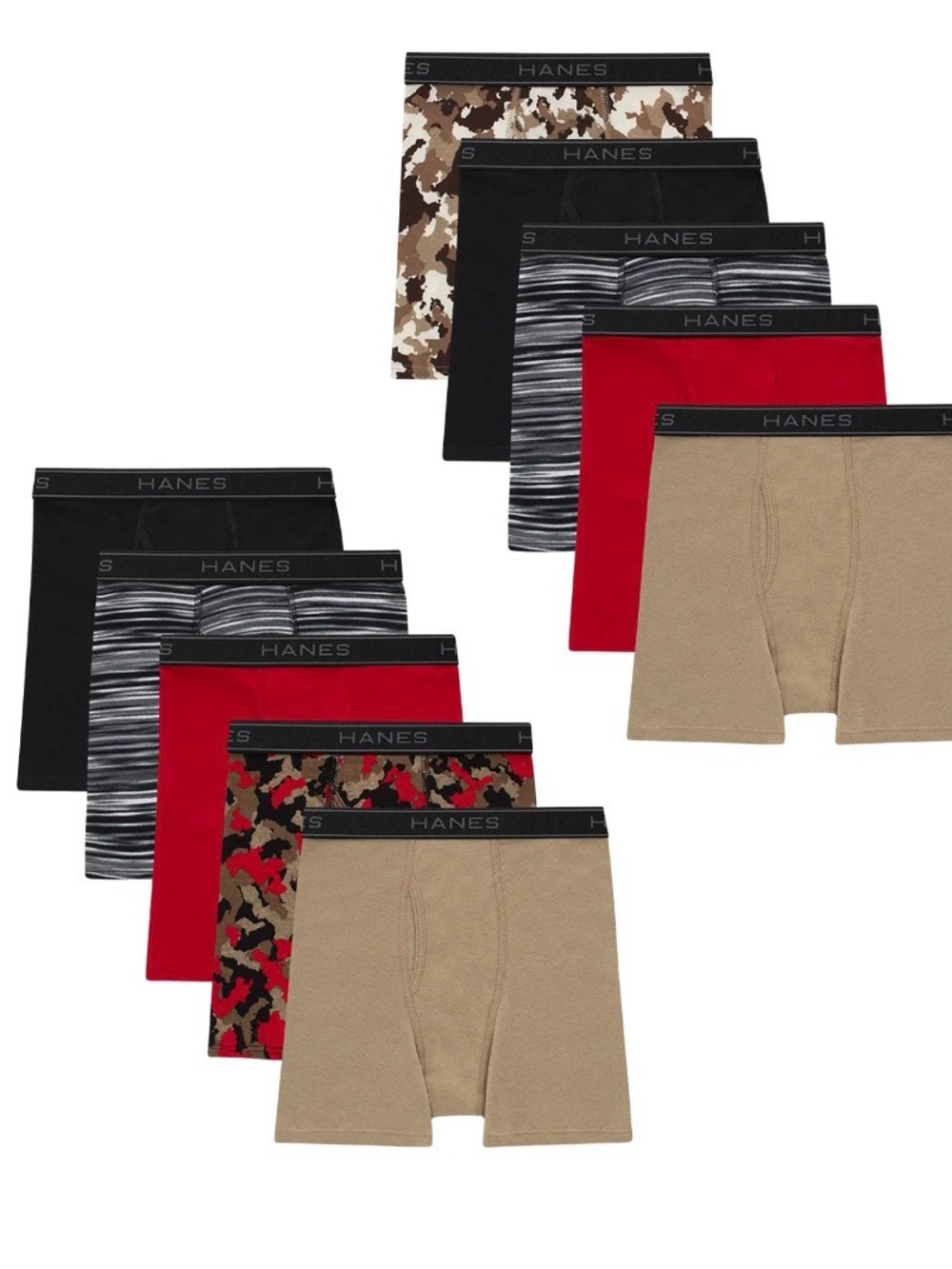 Boys Hanes Boxer Briefs Pack - M Black, Red, Tan, Camouflage, Gray Stripe